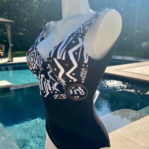 NWT Swimsuit by Sunflair Beautiful Bathing Suit Ruching Belt & Bold Tribal Print